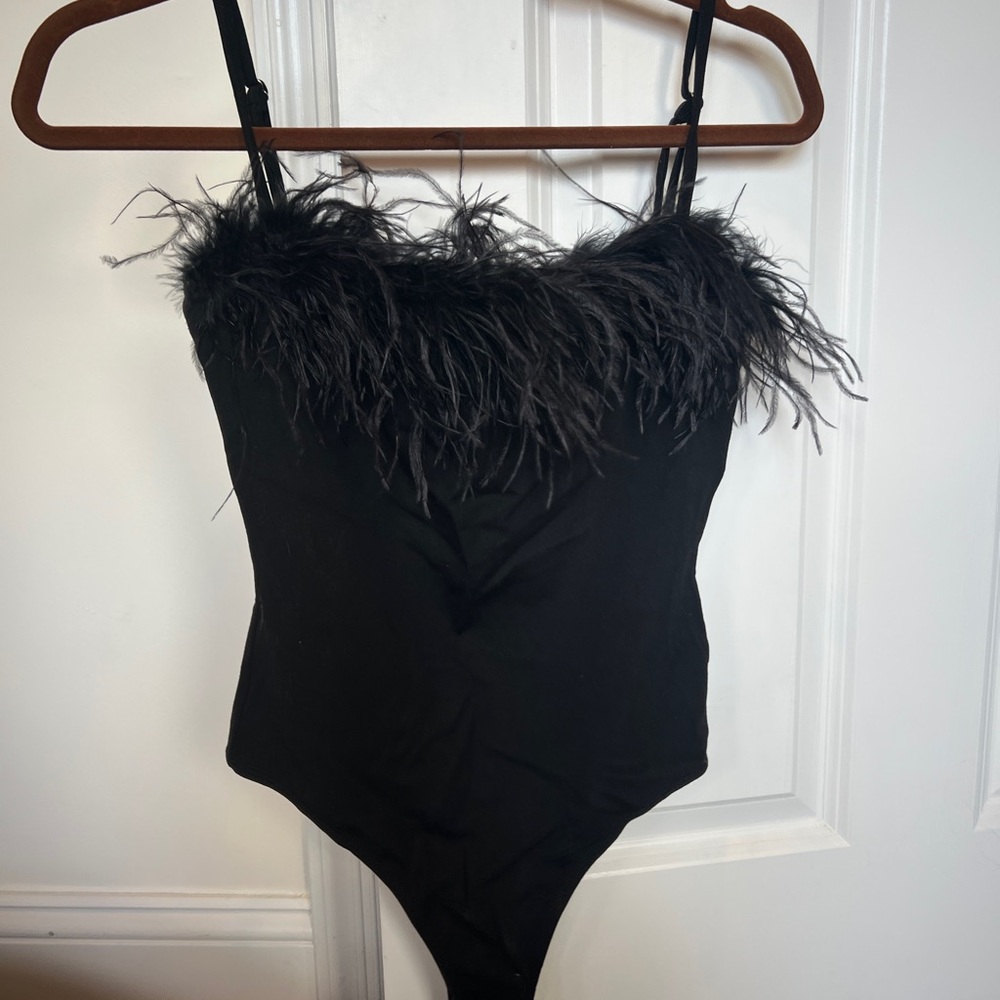 vestique Black Feather-Trim Bodysuit